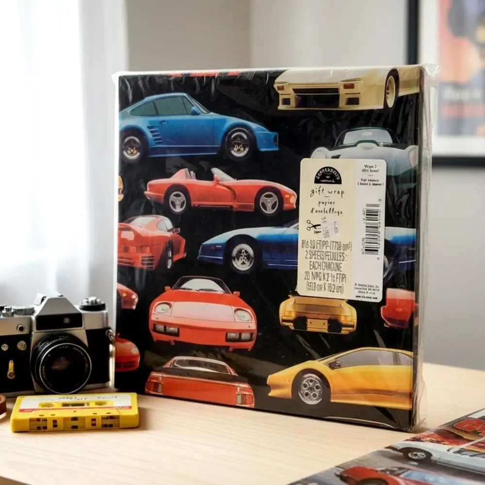 Vintage Hallmark Sports Cars Gift Wrap Paper – 2 Sheets Retro 80s Party Supplies